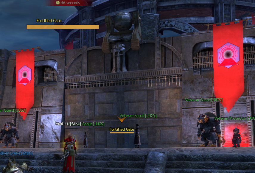 A fully fortified WvW Keep gate at Tier 3